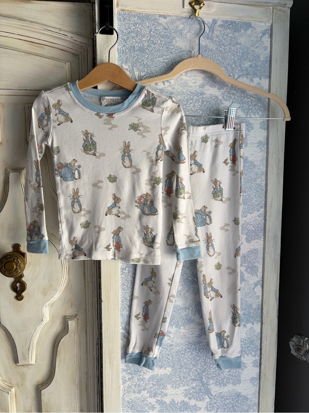 Pottery Barn Kids Peter Rabbit Pajamas Size 4 Blue White Bunny 2pc